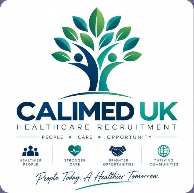 Calimed UK Healthcare Recruitment logo with a tree symbol and the tagline People Today. A Healthier Tomorrow.
